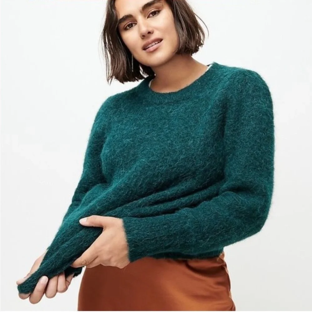 J. Crew Puff Sleeve Fuzzy Crewneck Sweater In Old Forest Alpaca Merino Blend XS